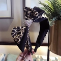 Sparkling leopard print double layer bow headband with rhinestones for women - Leopard Coffee