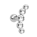 Detailed view of curved five-stone stainless steel stud with clear crystals and ball back - White