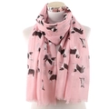 Pink long scarf with cute black and white dog print and fringe edges on a white mannequin - Pink