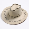 Classic beige cowboy hat with black cross-stitch detailing and wide brim in high detail - Camel Gray