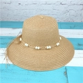 Light brown straw sun hat with white bead decorative band for summer sun protection - M(56-58cm) / Light Coffee