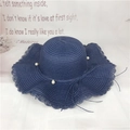 Navy blue wide brim straw hat with wavy edges and pearl accents for women beach travel - M (56-58cm) / Navy Blue