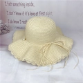 Beige wide brim straw sun hat with elegant scallop edges and pearl accents for women - M (56-58cm) / Beige