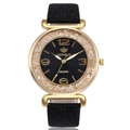 Elegant gold quartz watch with crystal bezel and black textured strap for women - Black