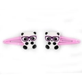 Detail of pink metal BB clips with cute panda silicone charms wearing purple glasses - Purple Glasses Panda Style