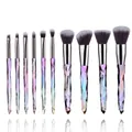 Detailed view of 10-piece makeup brush set with crystal handles and soft synthetic bristles - 10Pcs Green Handle Brown Bristles