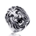 Macro shot of silver lion head ring showing 3D embossed texture and antique steel finish - US 7 / Steel