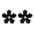 Macro view of black zircon flower stud earrings with silver-toned five-petal petal design - Black