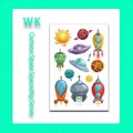 Cartoon spaceship temporary tattoos for kids featuring rockets and planets style WK-098 - Aerospace Elements (WK-098)