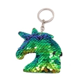Reflective double-sided sequin unicorn head keychain with blue and green gradient finish - Iridescent Green Unicorn