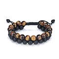 Double-layered tiger eye and black volcanic stone beaded bracelet with adjustable cord - Tiger Eye & Lava Stone
