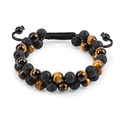 Tiger eye and lava stone double-layer beaded bracelet with adjustable black braided cord - Tiger Eye & Lava Stone Alternating