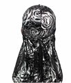 Detail showing back view of silky black durag featuring intricate silver rose patterns - One Size / Black Silver