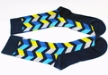 Navy blue cotton crew socks featuring blue and yellow geometric V-shaped jacquard patterns - A384-Navy Geometric V-Shape