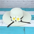 White straw sun hat with black ribbon and frangipani flowers for beach vacations - M (56-58cm) / Milk White-Large Brim Plumeria