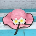 Pink wide-brim straw sun hat with brown ribbon and white frangipani flowers - M (56-58cm) / Pink-Bound Edge Plumeria