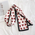 White silk skinny scarf with red heart patterns and black border for women - 80-100cm / White