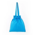 Detail of blue canvas drawstring tote bag with off-white cords on white background - 34*37cm / Lake Blue