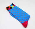 Chaussettes en coton bleu avec pois orange et bordure à carreaux multicolores - Taille unique / Bleu Roi à Pois Oranges