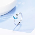 Anillo abierto de plata con cola de pez de esmalte azul y cristal de circonita brillante - Abierto Ajustable / Cobre chapado en oro blanco