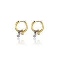 Golden hoop earrings with silver circle and pavé zircon pendants in a stacked style - Style 07 (Single) / Gold and Silver Two-tone