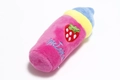 Detailed view of plush milk bottle dog toy with strawberry and milk embroidery on soft fabric - Strawberry Feeding Bottle