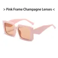 Pink chunky frame square sunglasses with champagne lenses and wide temples for women - Pink Frame Champagne Lens