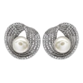 Detail of elegant swirling silver earrings with pave-set zircons and a central white pearl - Silver