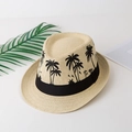 Cappello di paglia beige con stampa di palme nere e nastro per vacanze estive al mare - M (56-58cm) / Beige