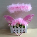 Close-up of pink feather angel halo and laser texture wing headband set for costumes - Pink Angel With Wings