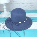 Dark blue woven straw sun hat with beaded cord decoration and wave edge brim - M (56-58cm) / Navy Blue