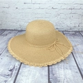 Beige wide brim straw sun hat with wavy edges and delicate bow detail for summer beach wear - M (56-58cm) / Light Coffee