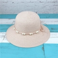 Women's pink straw sun hat featuring beaded decorative band and adjustable drawstring bow - M(56-58cm) / Light Pink