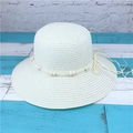 White wide-brim straw sun hat with decorative bead trim and tassel detail - M(56-58cm) / Creamy White