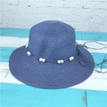 Dark blue woven sun hat with white bead accents and a decorative side drawstring tie - M(56-58cm) / Navy Blue