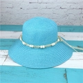 Sky blue straw sun hat with wide brim and decorative white bead strap for summer beach - M(56-58cm) / Sky Blue
