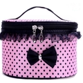 Pink polka dot cylindrical makeup bag with black lace trim and bow accent - Round Dots Pink Brown