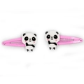 Detail of pink metal snap hair clips featuring 3D cartoon panda charms for kids - 3D Sitting Panda Style