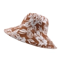 Wide brim sun hat with brown fabric and white tropical leaf pattern for UV protection - Coffee