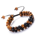 Detailed view of 8mm tiger eye and matte obsidian double-row woven bracelet on white background - Tiger Eye & Matte Obsidian