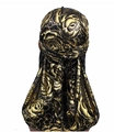 Detailed back view of a black silky durag with gold floral patterns on a white background - One Size / Black Gold