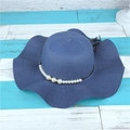 Foldable navy blue straw hat with pearl chain and ribbon for women summer beach - M (56-58cm) / Navy Blue