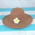 Chapeau de soleil en paille tressé à la main avec ruban et fleur pour la plage en été - M (56-58cm) / café