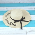Beiger Strohhut mit Hello Sunshine Stickerei, Fransenrand und schwarzer Bandschleife - M(56-58cm) / Beige