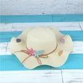 Beige wide brim straw sun hat with pink and blue floral trim and wavy edge detail - M (56-58cm) / Beige