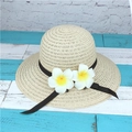Beige woven straw sun hat with black ribbon bow and white frangipani flowers for summer - M (56-58cm) / Beige-Cloche Plumeria