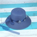 Dark blue woven straw sun hat featuring a lace flower and pearl ribbon decoration - Navy Blue