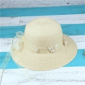 Summer straw sun hat with lace flowers and elegant organza ribbon for women beach wear - Beige