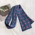 Blue skinny silk scarf featuring pink heart patterns on white fabric background - 80-100cm / Blue