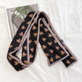 Narrow black silk scarf featuring brown heart patterns on a white textured background - 80-100cm / Black